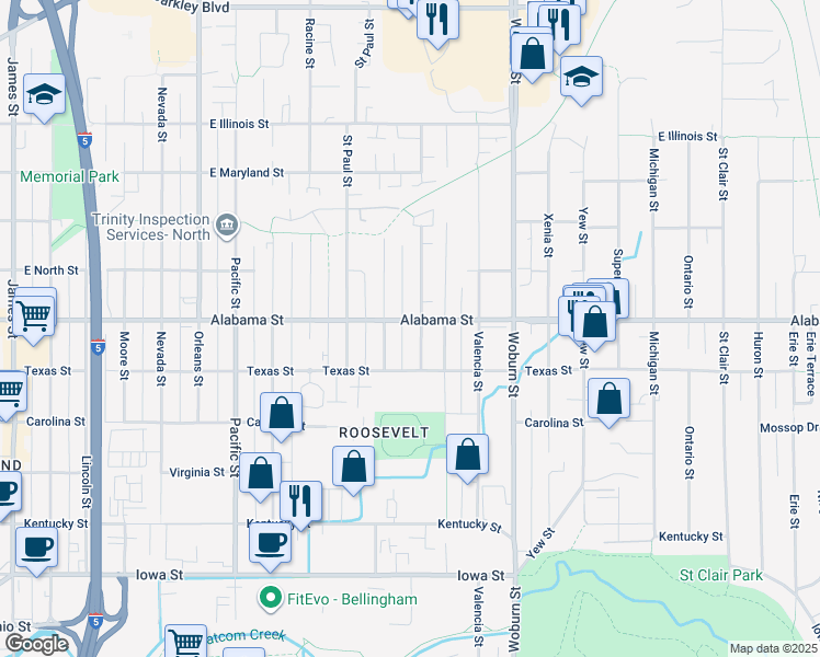 map of restaurants, bars, coffee shops, grocery stores, and more near 1815 Alabama Street in Bellingham