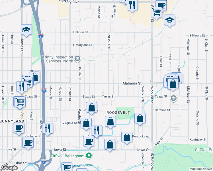 map of restaurants, bars, coffee shops, grocery stores, and more near 2515 Saint Paul Street in Bellingham