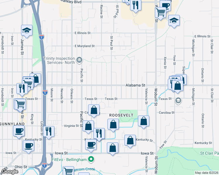 map of restaurants, bars, coffee shops, grocery stores, and more near 2515 Saint Paul Street in Bellingham