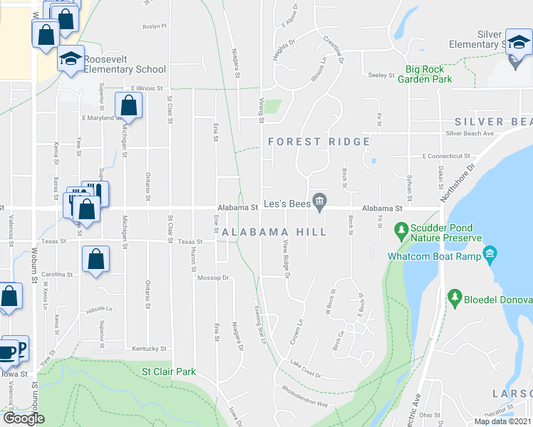 map of restaurants, bars, coffee shops, grocery stores, and more near 2430 Vining Street in Bellingham