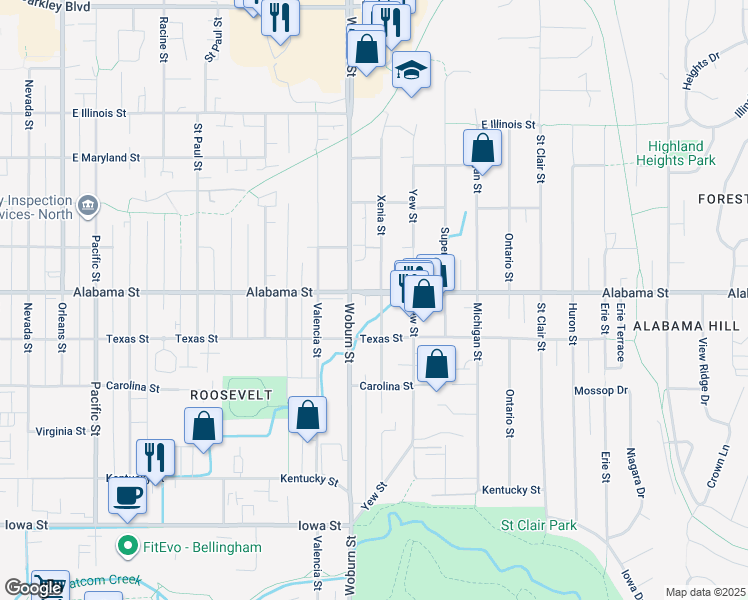 map of restaurants, bars, coffee shops, grocery stores, and more near 2510 Woburn Street in Bellingham