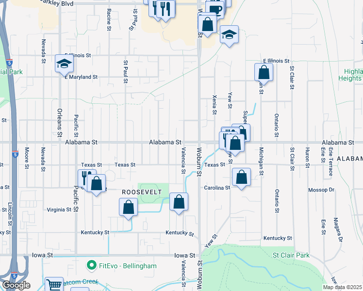 map of restaurants, bars, coffee shops, grocery stores, and more near 2447 Valencia Street in Bellingham