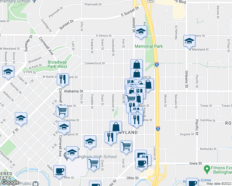 map of restaurants, bars, coffee shops, grocery stores, and more near 2436 Humboldt Street in Bellingham