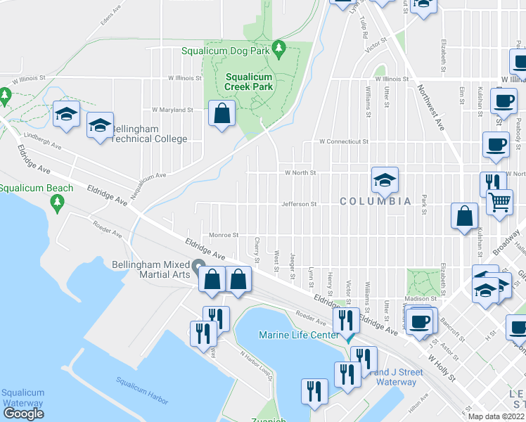 map of restaurants, bars, coffee shops, grocery stores, and more near 2510 Cherry Street in Bellingham