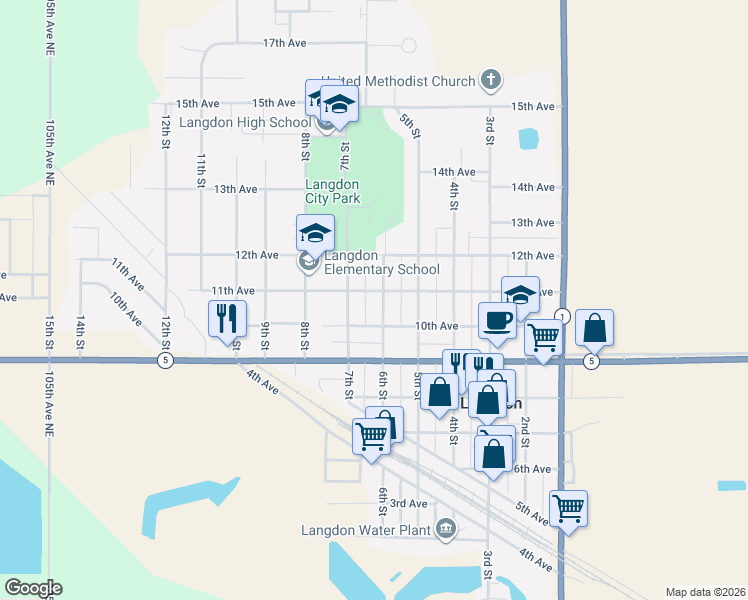 map of restaurants, bars, coffee shops, grocery stores, and more near 1018 6th Street in Langdon