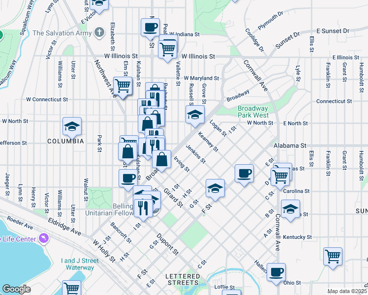 map of restaurants, bars, coffee shops, grocery stores, and more near 2509 Vallette Street in Bellingham