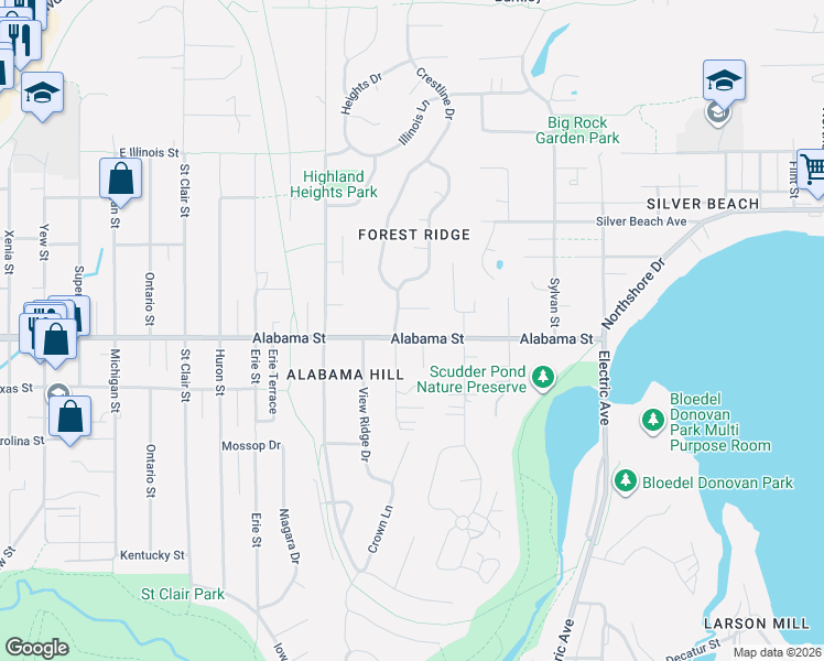 map of restaurants, bars, coffee shops, grocery stores, and more near 2510 Crestline Drive in Bellingham