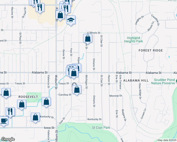 map of restaurants, bars, coffee shops, grocery stores, and more near 2615 Alabama Street in Bellingham