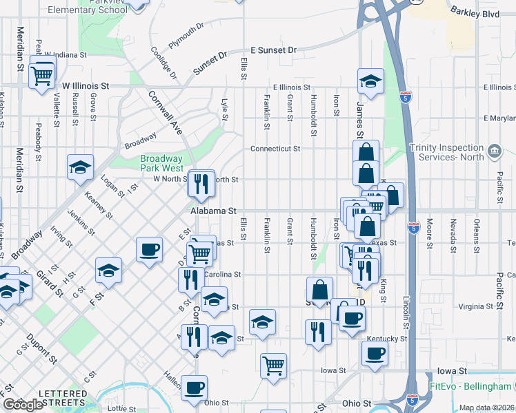map of restaurants, bars, coffee shops, grocery stores, and more near 2514 Ellis Street in Bellingham