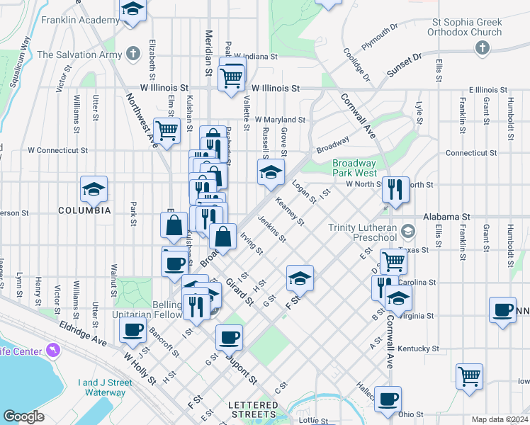 map of restaurants, bars, coffee shops, grocery stores, and more near 2310 Broadway in Bellingham