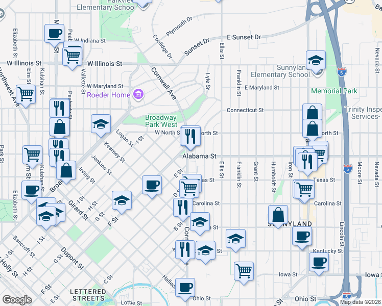 map of restaurants, bars, coffee shops, grocery stores, and more near 2500 Cornwall Avenue in Bellingham