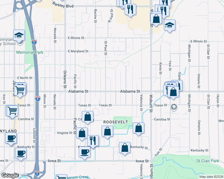map of restaurants, bars, coffee shops, grocery stores, and more near 1717 Alabama Street in Bellingham