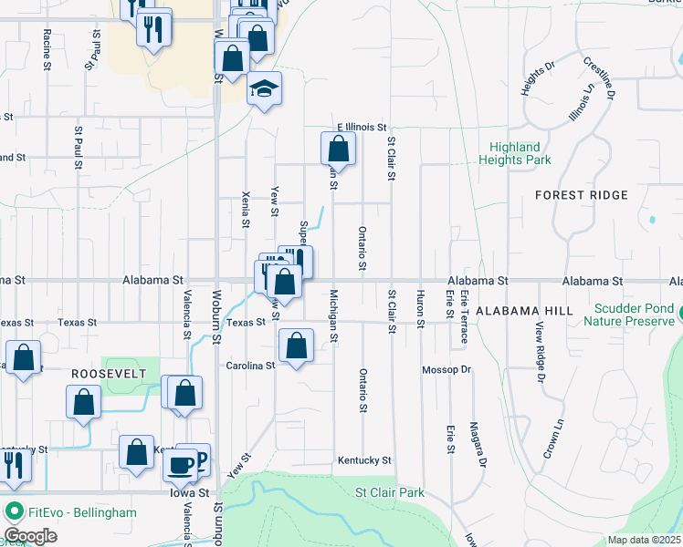 map of restaurants, bars, coffee shops, grocery stores, and more near 2615 Alabama Street in Bellingham