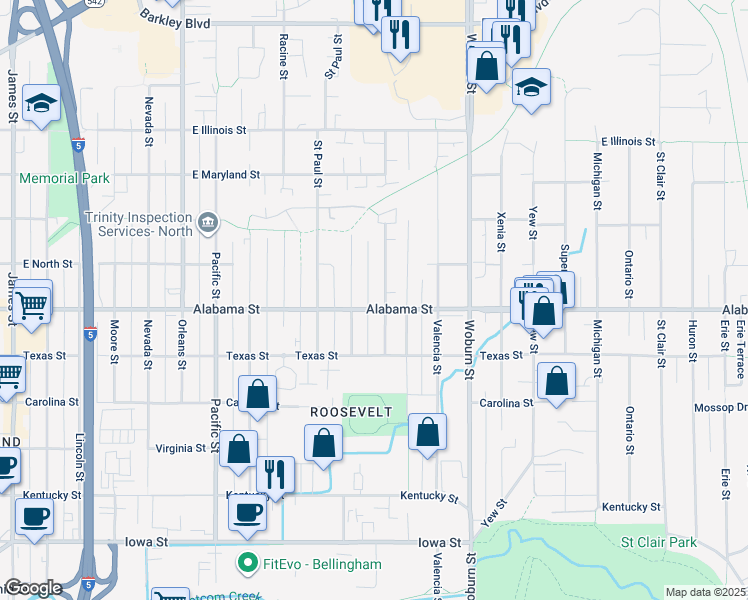 map of restaurants, bars, coffee shops, grocery stores, and more near 1815 Alabama Street in Bellingham