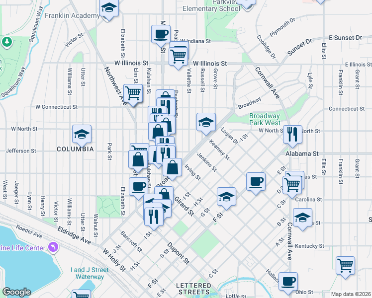 map of restaurants, bars, coffee shops, grocery stores, and more near 2509 Vallette Street in Bellingham