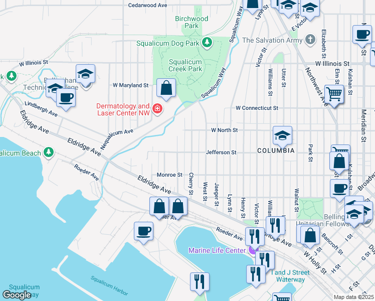 map of restaurants, bars, coffee shops, grocery stores, and more near 2510 Cherry Street in Bellingham
