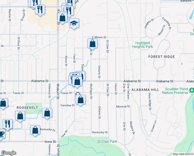 map of restaurants, bars, coffee shops, grocery stores, and more near 2615 Alabama St in Bellingham