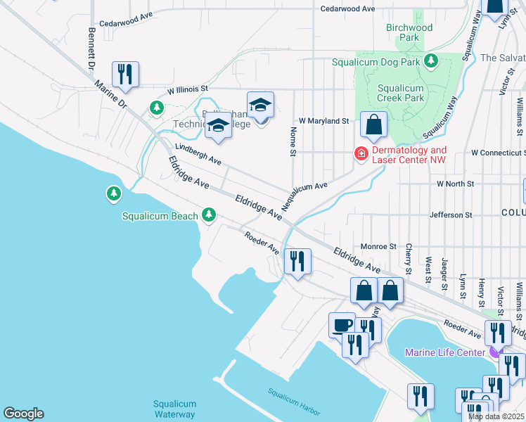 map of restaurants, bars, coffee shops, grocery stores, and more near 2915 Eldridge Avenue in Bellingham