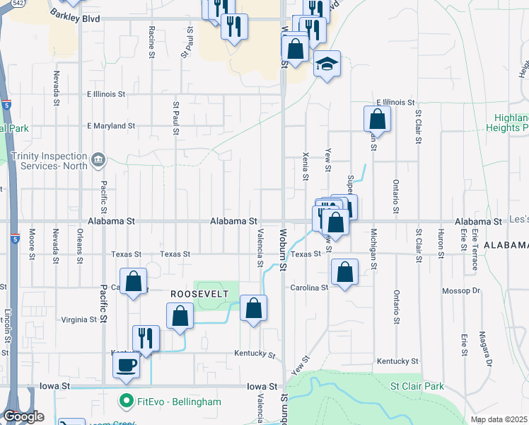 map of restaurants, bars, coffee shops, grocery stores, and more near 2502 Valencia Street in Bellingham