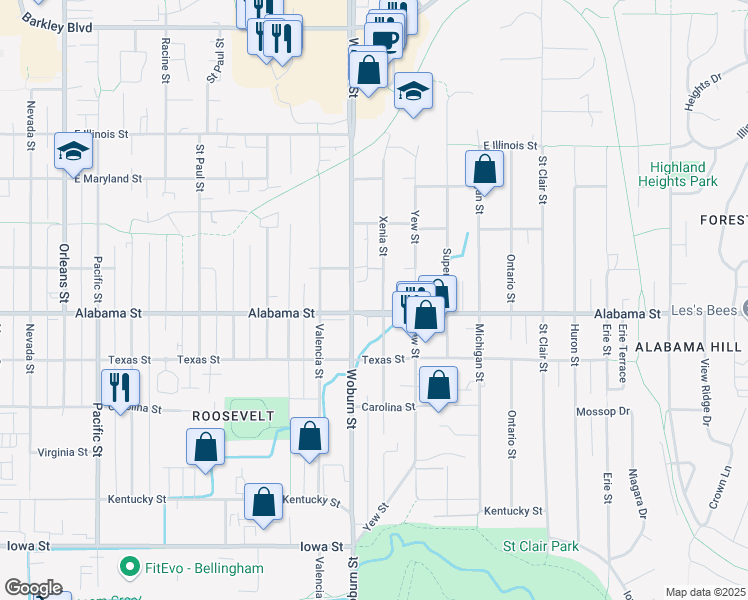 map of restaurants, bars, coffee shops, grocery stores, and more near 2510 Woburn Street in Bellingham