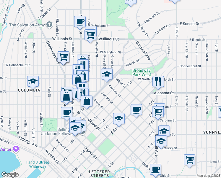 map of restaurants, bars, coffee shops, grocery stores, and more near 2310 Broadway in Bellingham