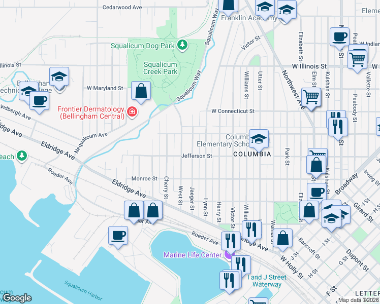 map of restaurants, bars, coffee shops, grocery stores, and more near 2511 Jaeger Street in Bellingham