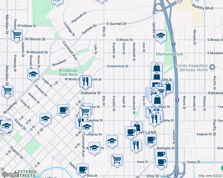 map of restaurants, bars, coffee shops, grocery stores, and more near 2512 Franklin Street in Bellingham