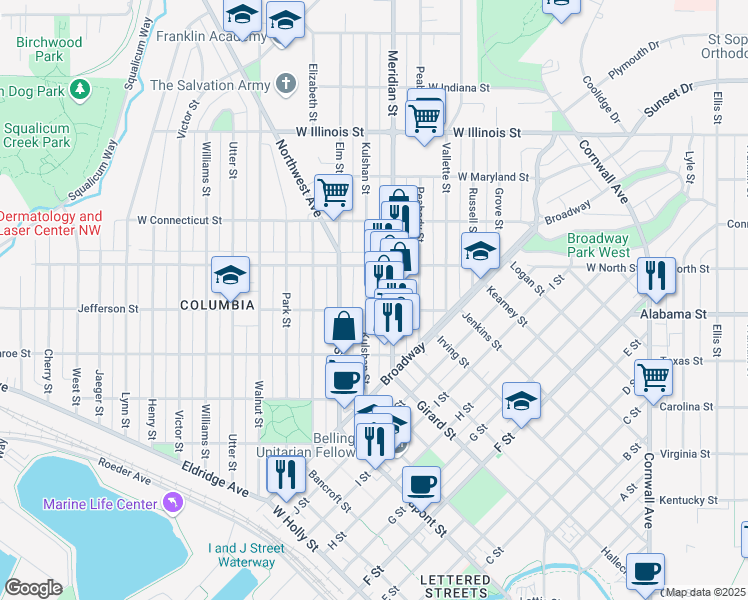 map of restaurants, bars, coffee shops, grocery stores, and more near 2504 Kulshan Street in Bellingham