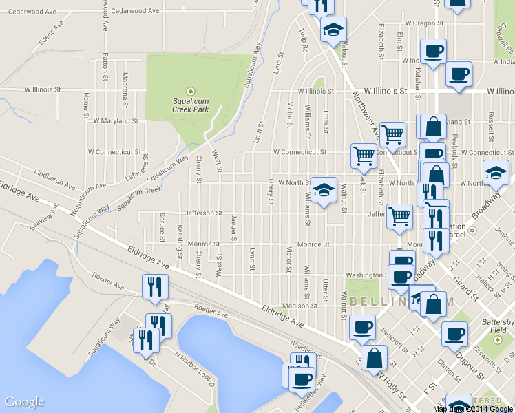 map of restaurants, bars, coffee shops, grocery stores, and more near 2504 Lynn Street in Bellingham