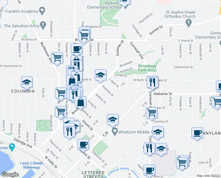 map of restaurants, bars, coffee shops, grocery stores, and more near 2406 J Street in Bellingham