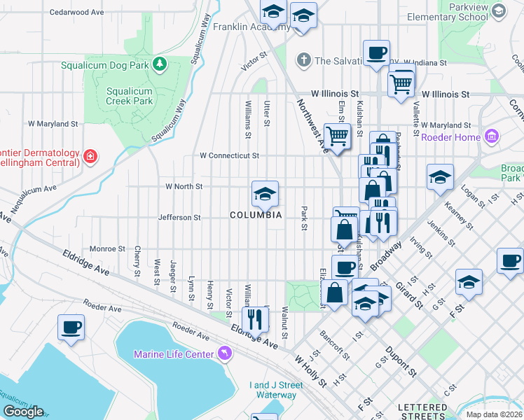 map of restaurants, bars, coffee shops, grocery stores, and more near 2505 Utter Street in Bellingham
