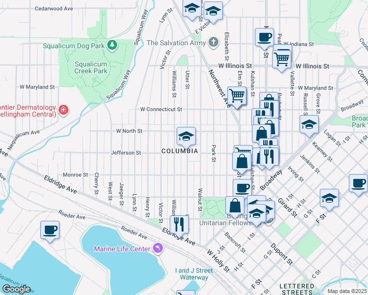map of restaurants, bars, coffee shops, grocery stores, and more near 2505 Utter Street in Bellingham