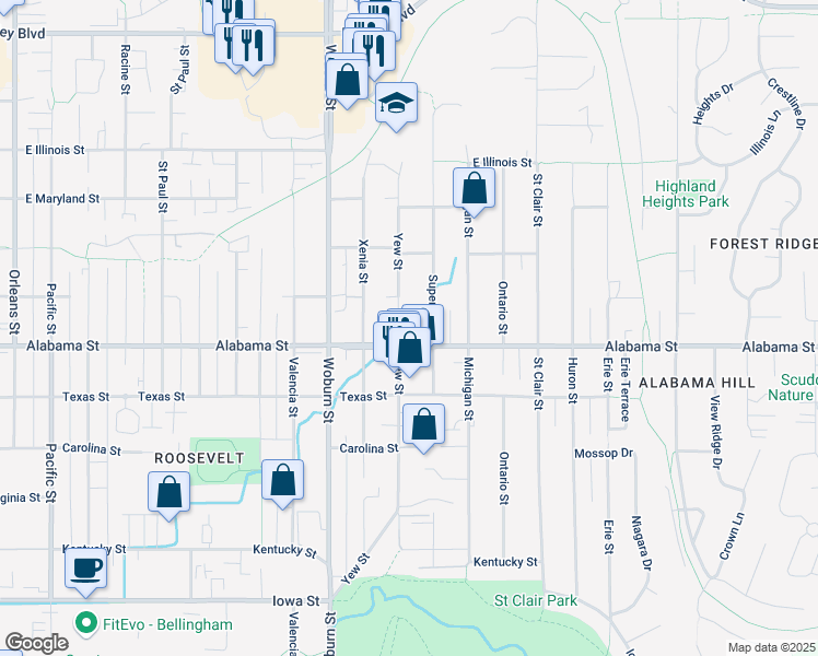 map of restaurants, bars, coffee shops, grocery stores, and more near 2510 Yew Street in Bellingham