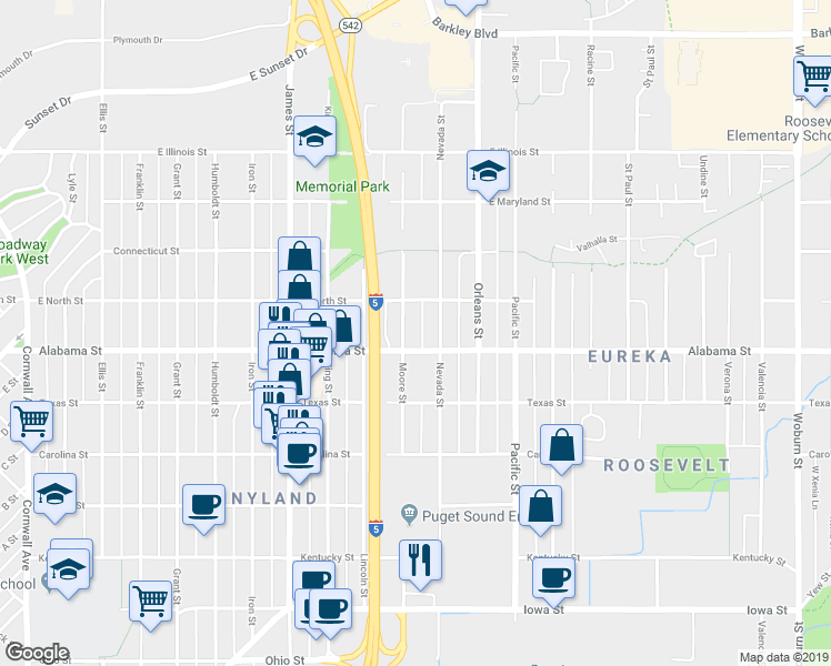 map of restaurants, bars, coffee shops, grocery stores, and more near 2508 Moore Street in Bellingham