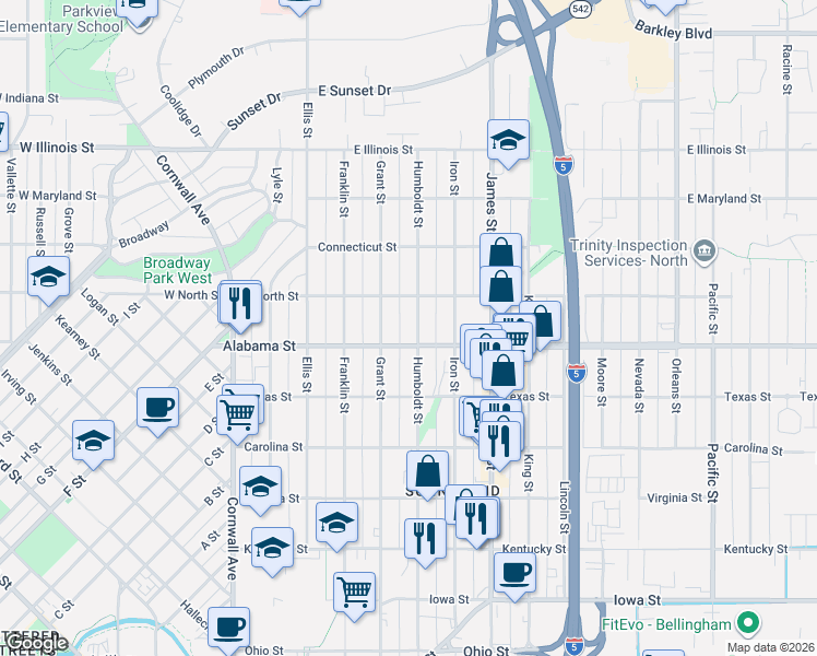 map of restaurants, bars, coffee shops, grocery stores, and more near 2510 Humboldt Street in Bellingham