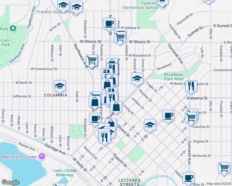 map of restaurants, bars, coffee shops, grocery stores, and more near 2505 Peabody Street in Bellingham