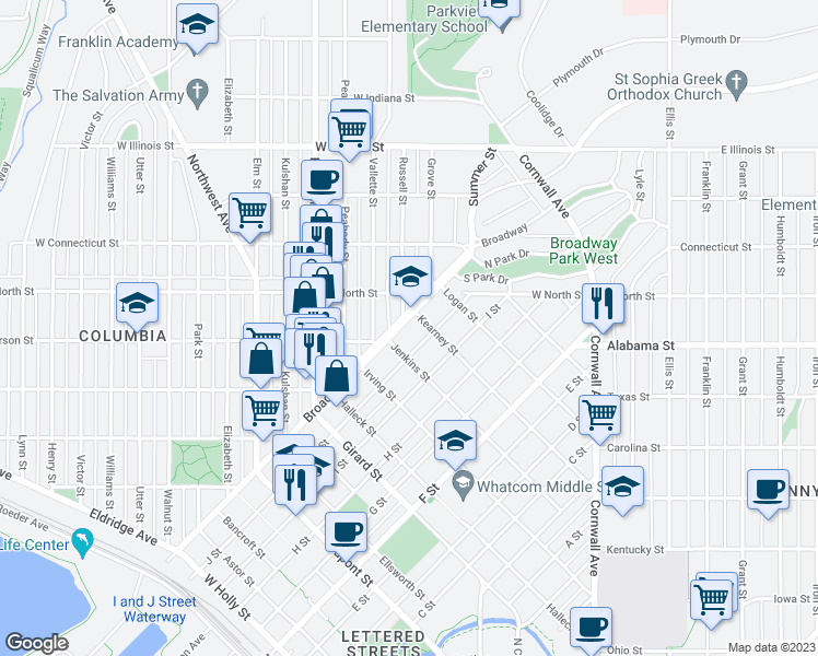 map of restaurants, bars, coffee shops, grocery stores, and more near 2310 Broadway in Bellingham