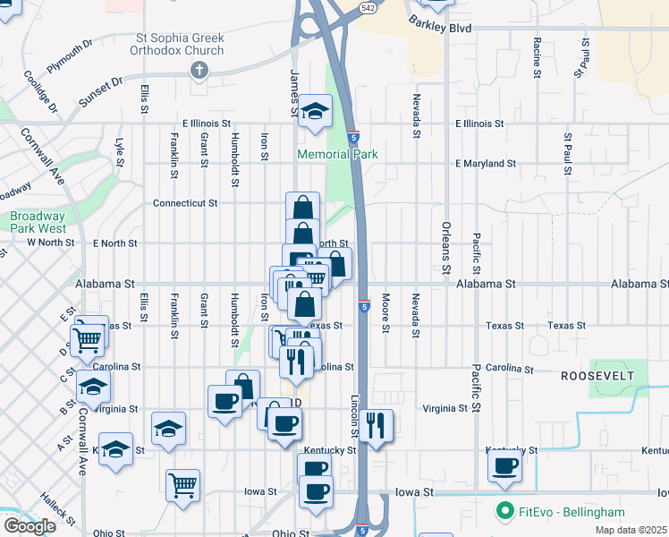 map of restaurants, bars, coffee shops, grocery stores, and more near 2512 King Street in Bellingham