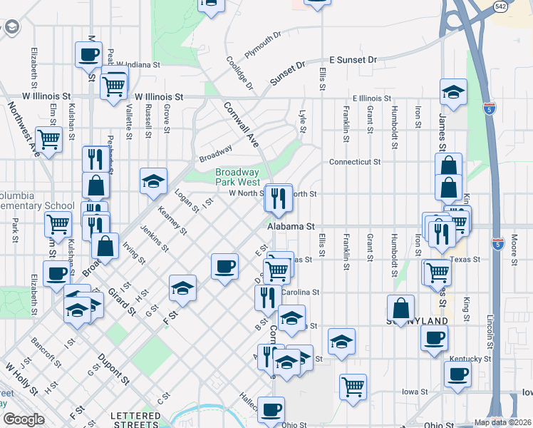 map of restaurants, bars, coffee shops, grocery stores, and more near 2617 F Street in Bellingham