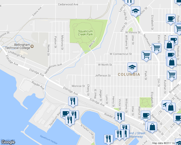 map of restaurants, bars, coffee shops, grocery stores, and more near 2510 Cherry Street in Bellingham