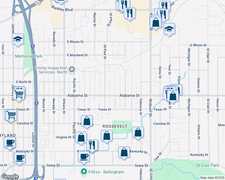 map of restaurants, bars, coffee shops, grocery stores, and more near 2515 Toledo Street in Bellingham