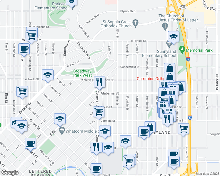 map of restaurants, bars, coffee shops, grocery stores, and more near 2512 Dean Avenue in Bellingham
