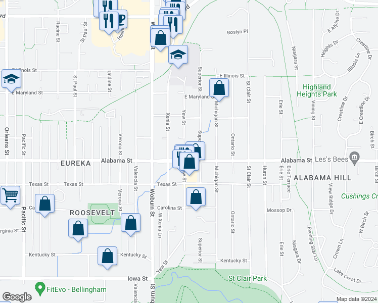 map of restaurants, bars, coffee shops, grocery stores, and more near 2510 Yew Street in Bellingham
