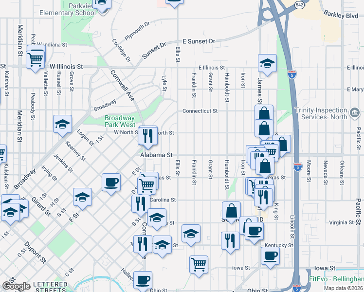 map of restaurants, bars, coffee shops, grocery stores, and more near 2514 Ellis Street in Bellingham