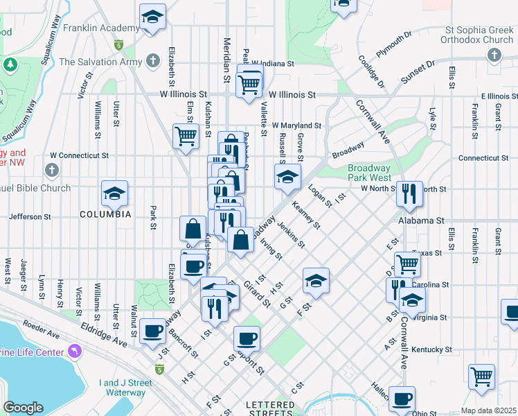 map of restaurants, bars, coffee shops, grocery stores, and more near 2509 Vallette Street in Bellingham