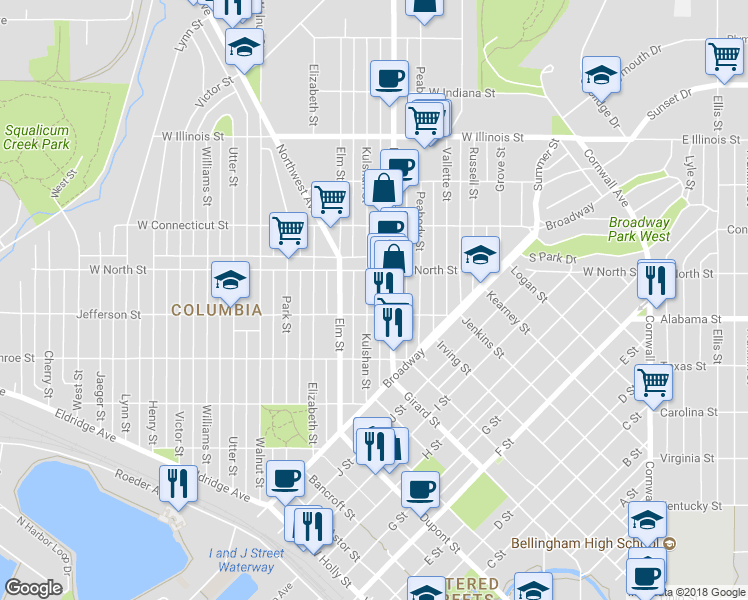 map of restaurants, bars, coffee shops, grocery stores, and more near 2504 Kulshan Street in Bellingham