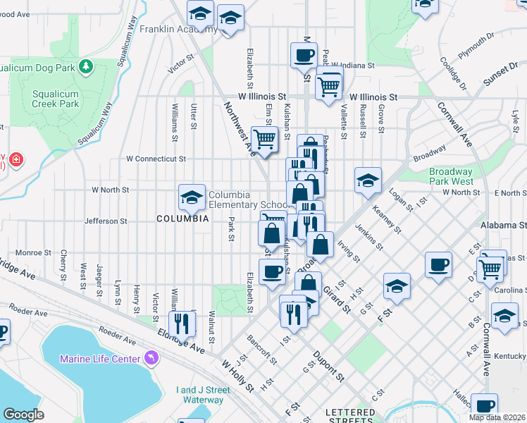 map of restaurants, bars, coffee shops, grocery stores, and more near 2509 Elm St in Bellingham