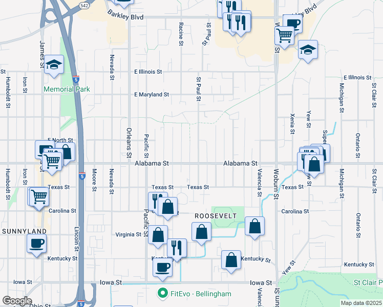map of restaurants, bars, coffee shops, grocery stores, and more near 2515 Saint Paul Street in Bellingham