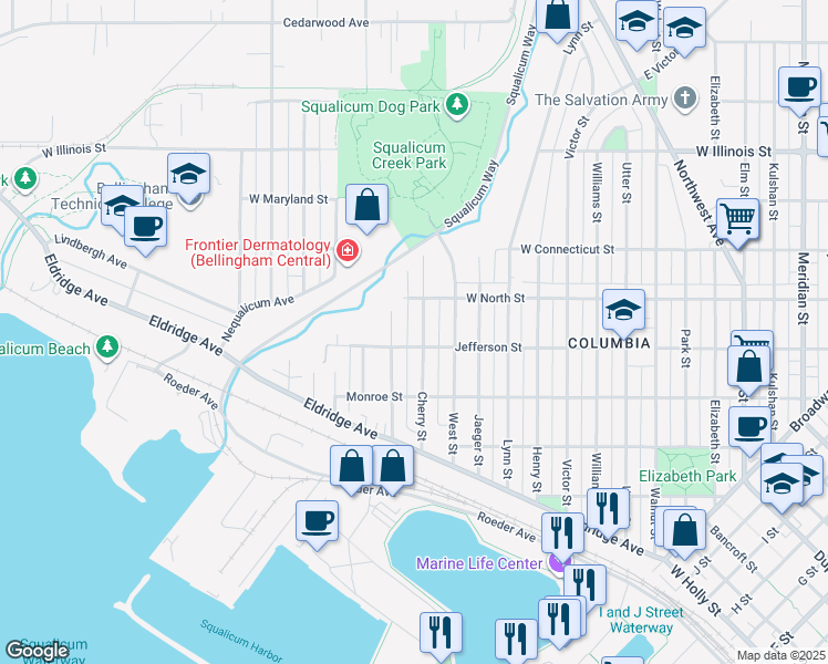 map of restaurants, bars, coffee shops, grocery stores, and more near 2510 Cherry Street in Bellingham