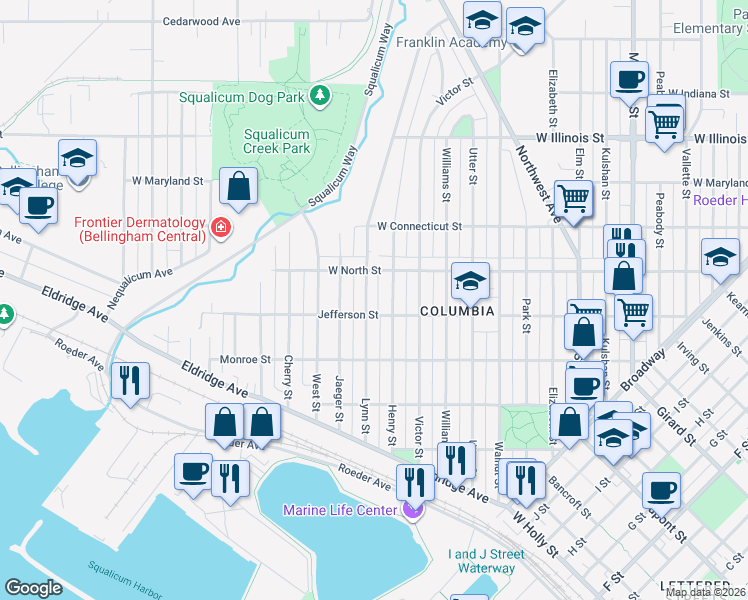 map of restaurants, bars, coffee shops, grocery stores, and more near 2504 Lynn Street in Bellingham